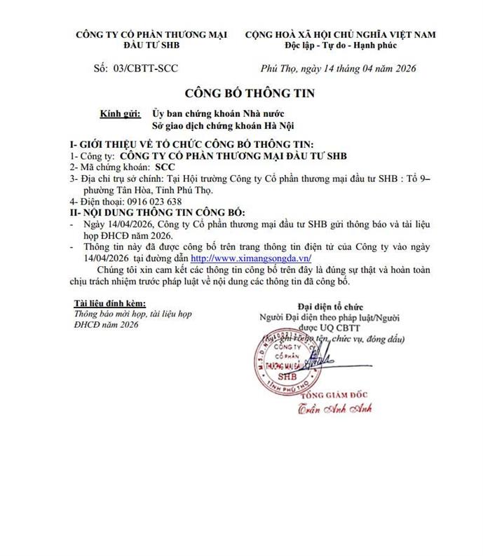 THÔNG BÁO MỜI HỌP VÀ TÀI LIỆU HỌP ĐHCĐ NĂM 2026