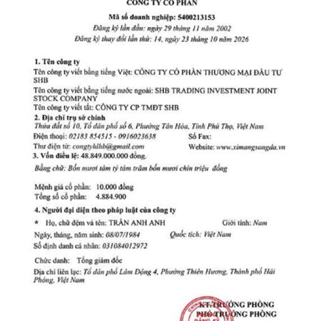 Thông báo thay đổi giấy phép kinh doanh lần 14